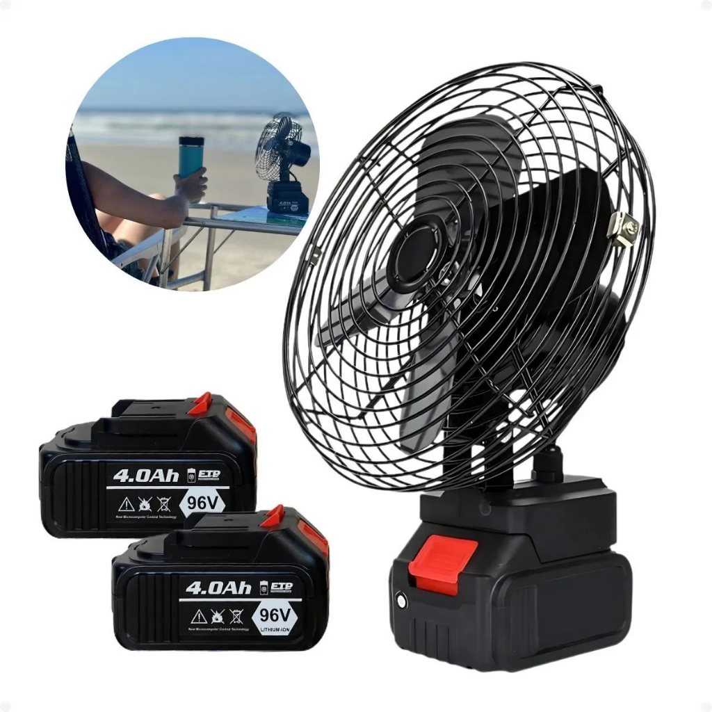 Ventilador Recarregável Portátil 2 Baterias De Lítio 20cm Preto