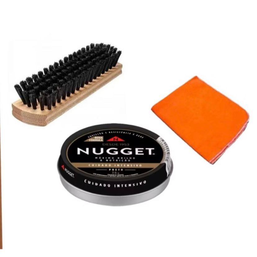 kit Nugget Lata em Pasta Cor Preta ou marrom Polidor de Sapato 36g + Escova de sapato+ Flanela
