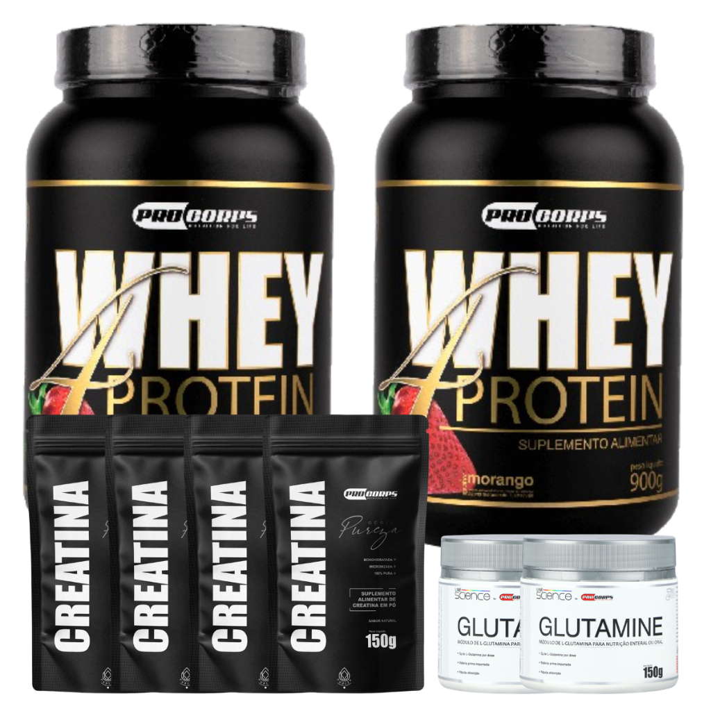 Kit Massa Muscular: 2 Whey 900g +  2 Glutamina 150g + 4 Creatina 150g – Alta Performance