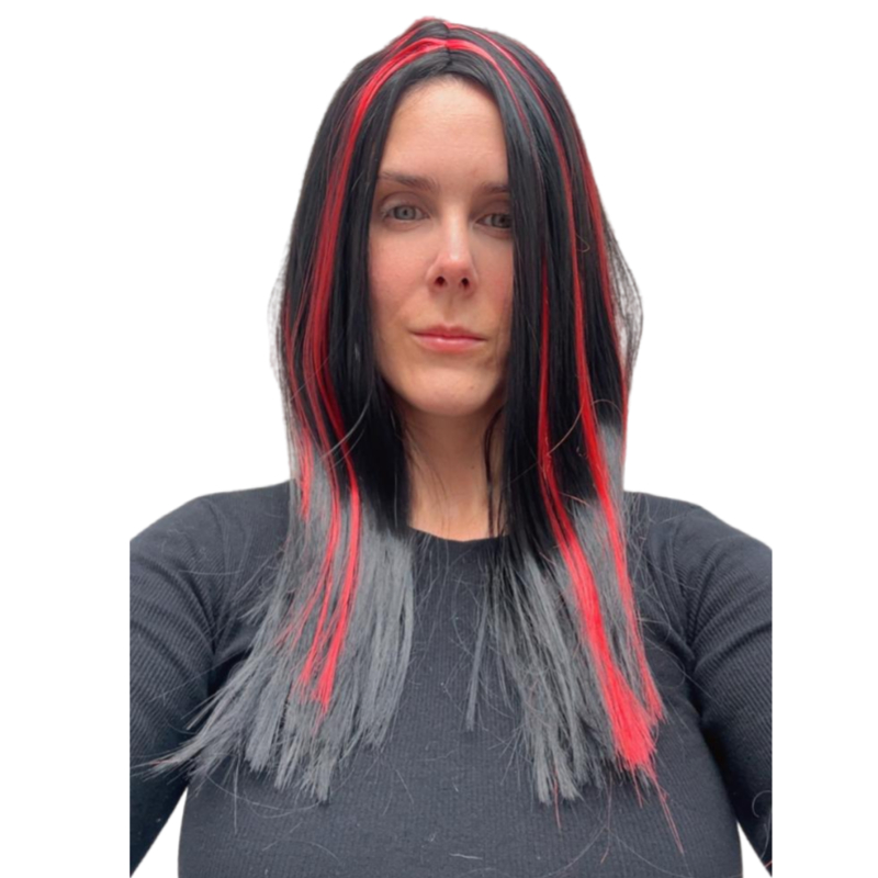 Peruca Longa Mortícia Adams Vermelha Festa Fantasia Terror Halloween Peruca Preta e Vermelha