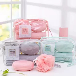 Kit de Viagem 5 Peças Com Bolsa Porta Escova Pente Saboneteira e Ducha Compacto Para Viagem
