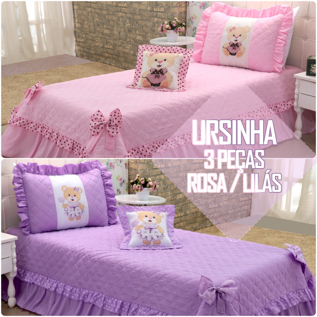 KIT Colcha Cobre Leito Ursinha Menina Infantil Solteiro / Cortina 2 Metros - Cores Lilás e Rosa em Oferta na Shopee