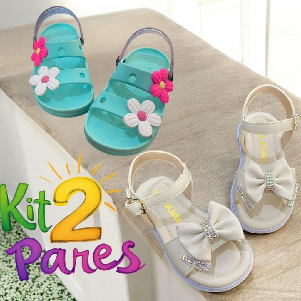 Kit 2 Pares Menina Sandalia + Papete Flor Estilo Confortavel em Oferta na Shopee