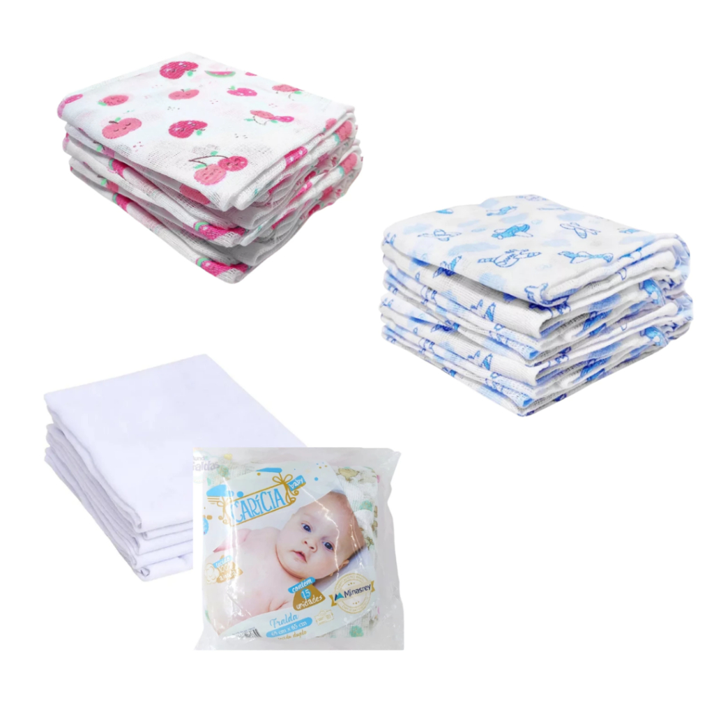 Kit Fralda de Pano Bebê Minasrey 60x60cm 100% algodão Caricia Baby Estampas