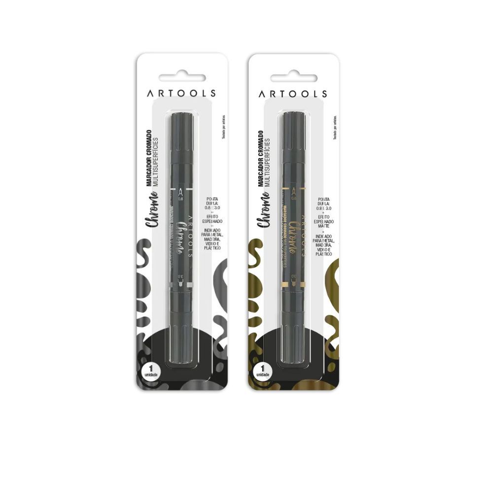 Kit Caneta Artools Chrome Ponta Dupla Preta Prata E Ouro