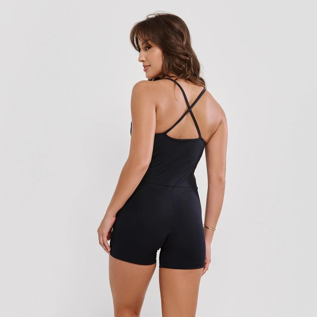 Macaquinho Roupa Fitness Elegante Preto Poliamida Fio Duplo