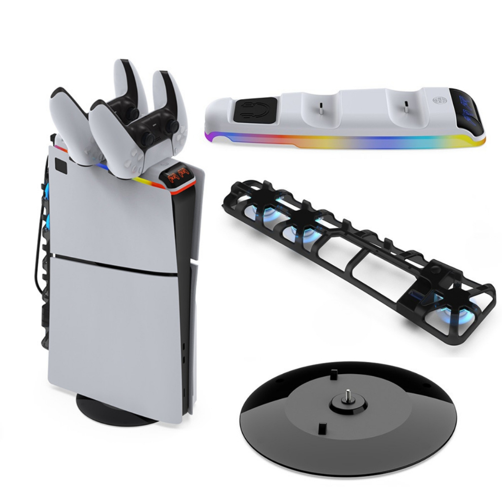 Kit 3 em 1 Base Disco Cooler Led Azul Dock Carregador e Suporte Fone Compatível com Ps5 Slim