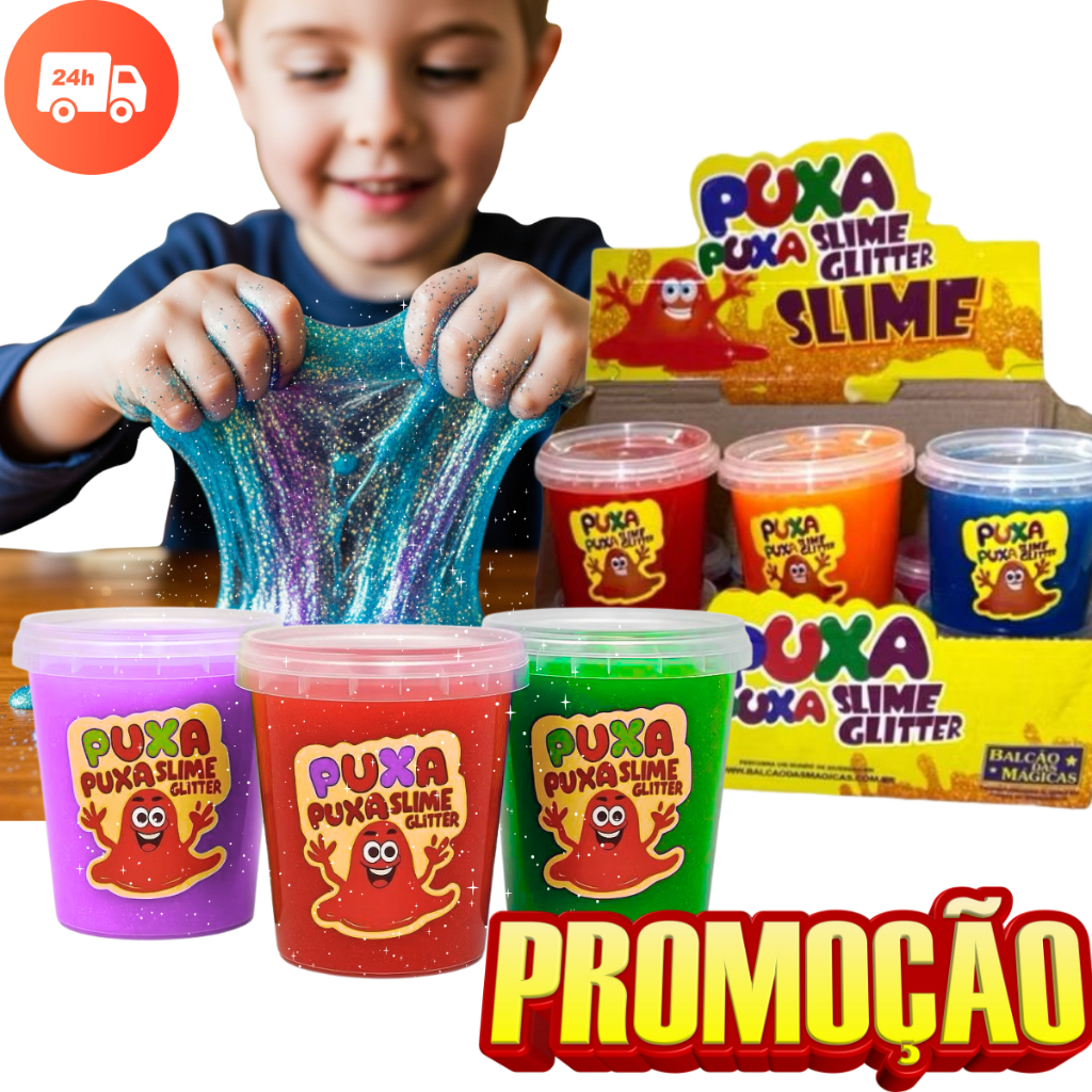 SLIME GLITTER 24 UNIDADES - PUXA PUXA (2 CAIXAS) DE 180G em Oferta na Shopee