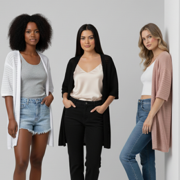 Camisa Cardigan Casaco Terceira Peça Saída de Praia Tricot em Algodão Feminino Verão