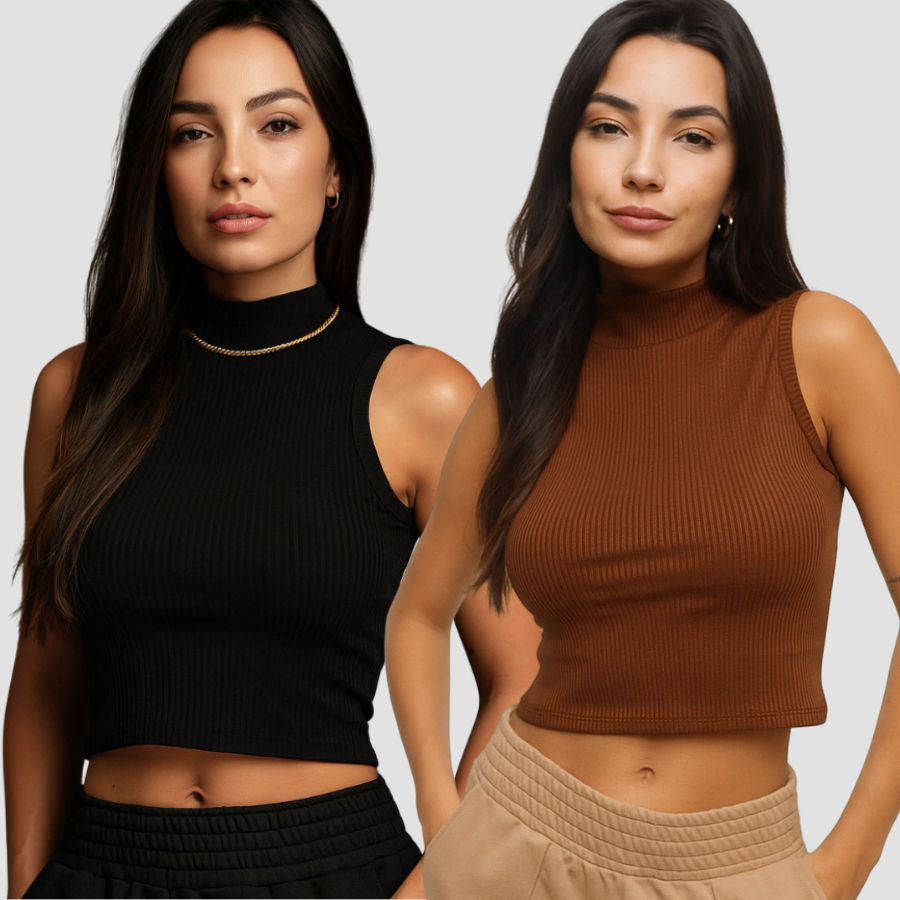 Kit 2 Blusinha Cropped Golinha Alta Feminina Canelado Blogueirinha Elegante Moda Gringa Regata