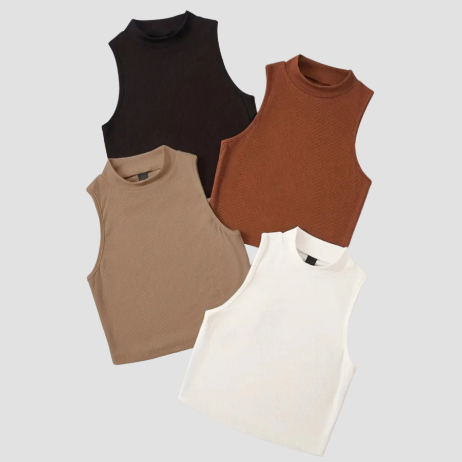 Kit 5 Blusinha Cropped Gola Alta Canelada Top Feminino Ribana Sem Manga Regata Elegante
