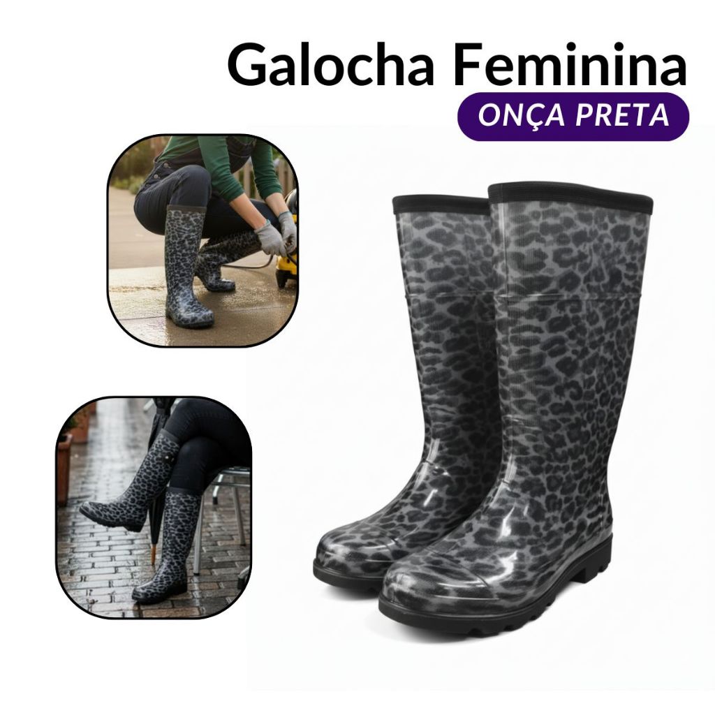 Bota Feminina Onça Galocha Pvc Borracha Impermeavel Preta Donna em Oferta na Shopee