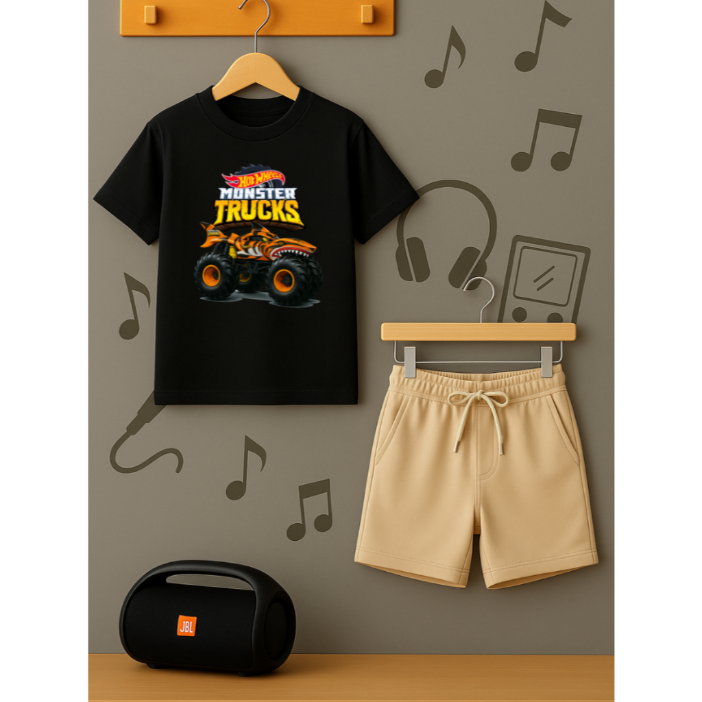 Conjunto Hot Wheels Monster Shark Camiseta e Bermuda Moletom Infantil Juvenil Short Menino Menina Algodão Macio