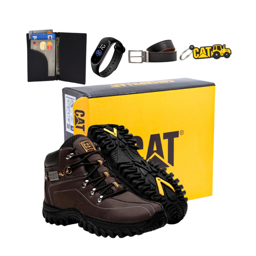 Kit Completo Bota CAT Adventure com Relógio Digital Carteira Slim e Cinto de Couro