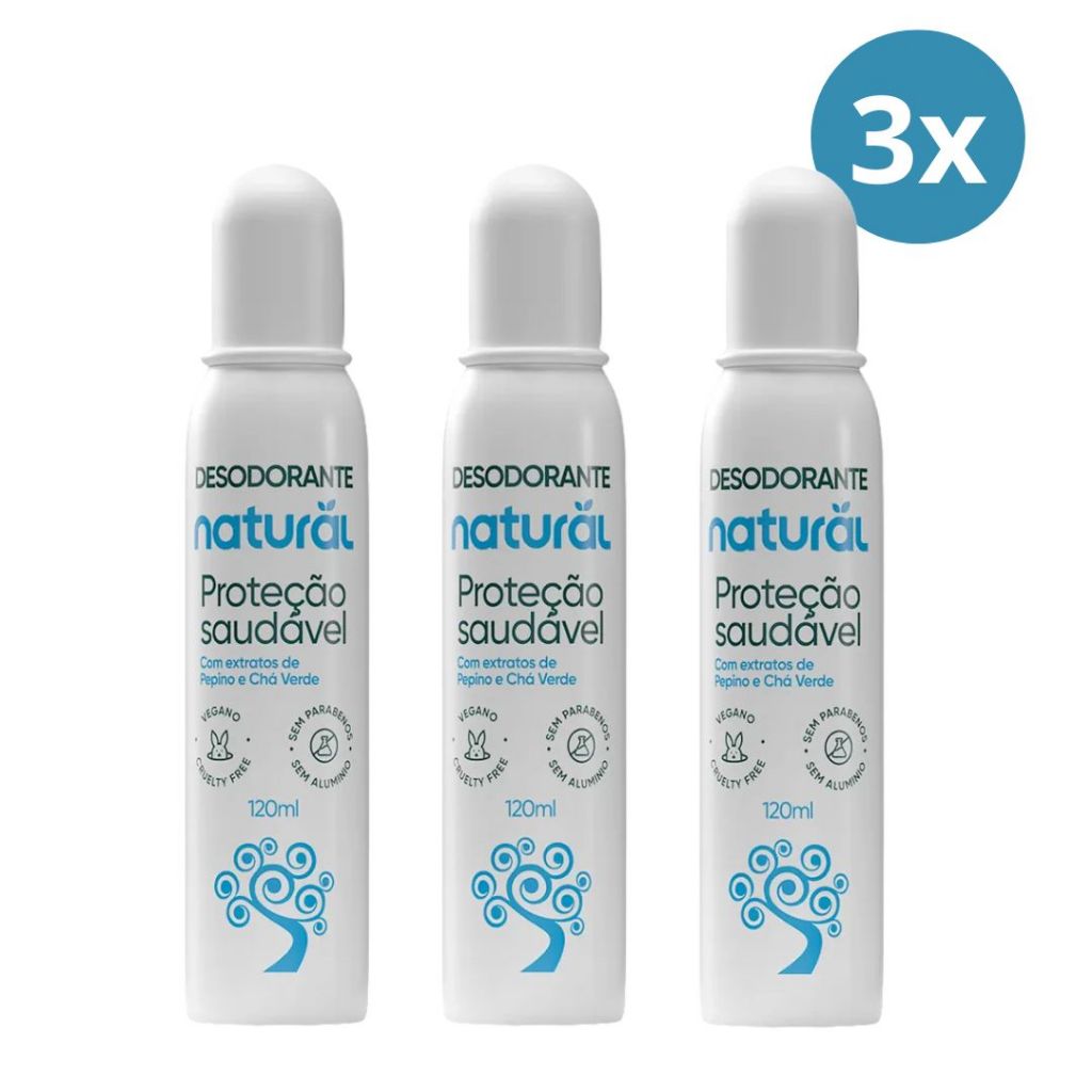 Kit 3 Desodorantes Natural com Extrato de Pepino e Chá Verde - Sem Alumínio 120ml
