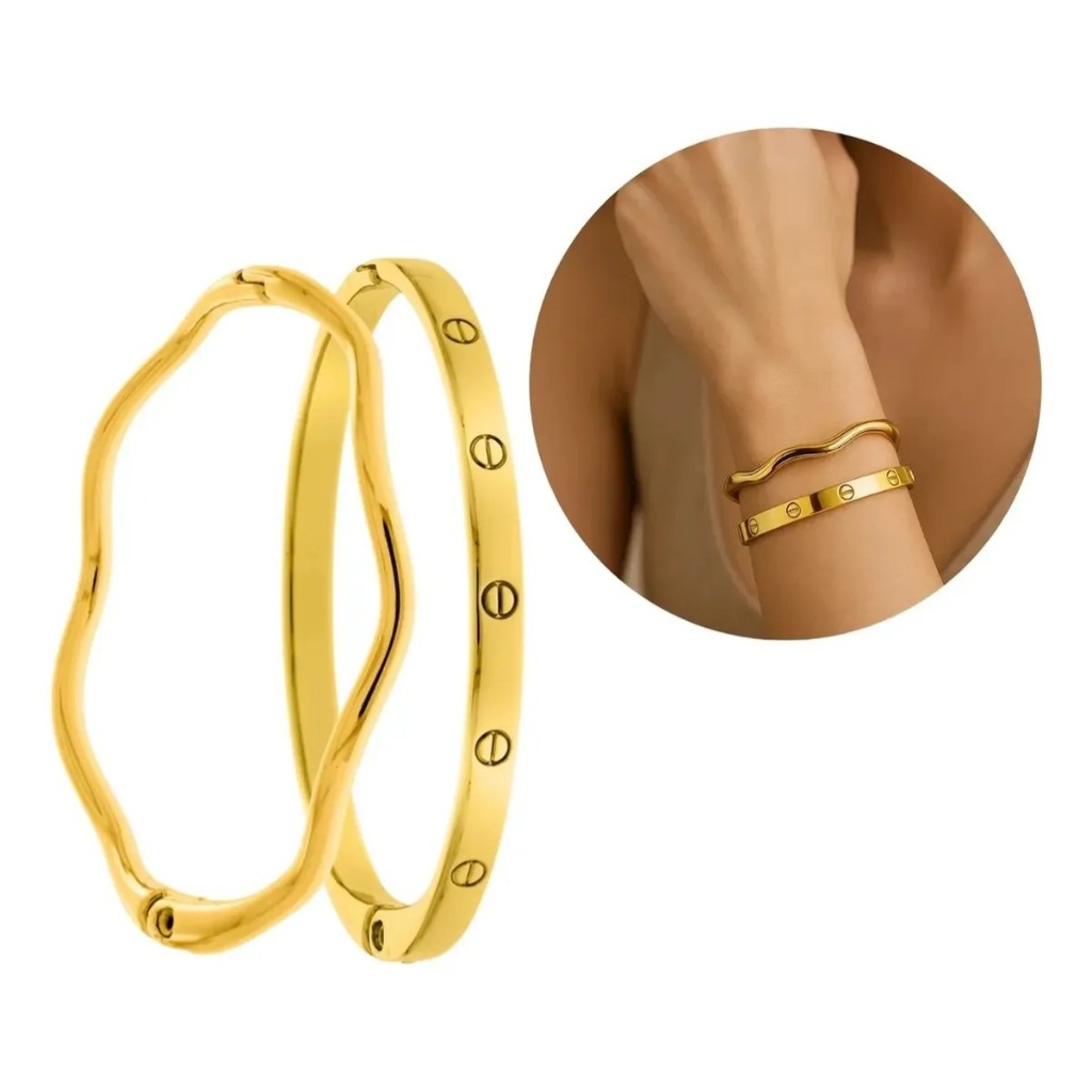 Kit Bracelete Pulseira Dourado Feminino Delicado Acessório Premium Chic Moda Presente Semijoia Banhado Ouro 18k Feminina