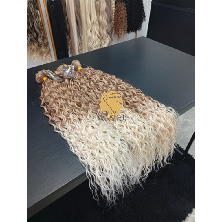 Aplique Cabelo 100% Semi Humano Na Tela Cacheado Loiro Perolado 50cm igual Brasileiro do Sul Beauty Cabelos