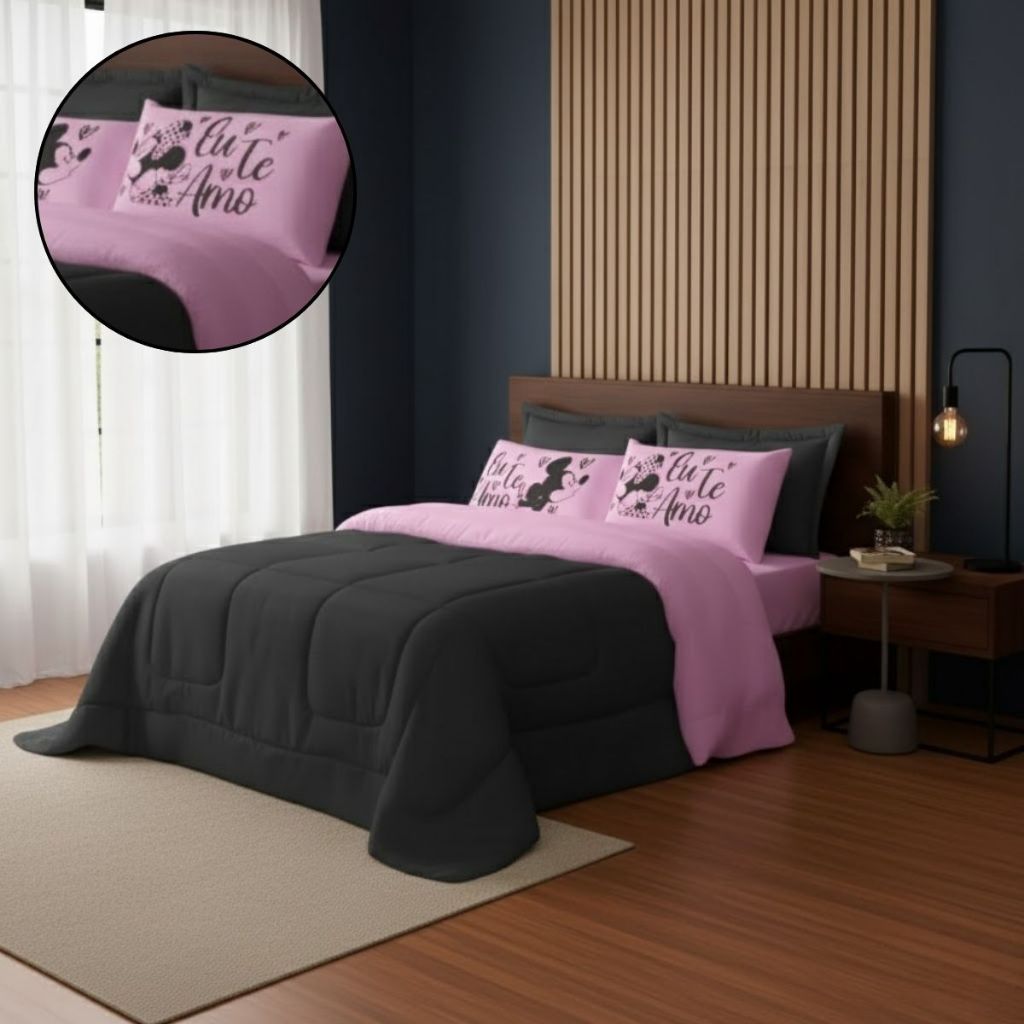 Edredom + Fronha 5 Peças Dupla Face Casal Queen Porta Travesseiro Estampada Mickey - PROMOÇÃO