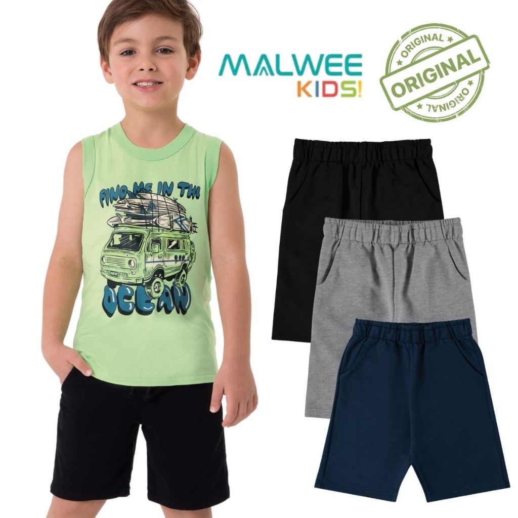 KIT 3 SHORTS BERMUDAS MOLETINHO UNIFORME MENINO INFANTIL BOLSOS JUVENIL MALWEE KIDS em Oferta na Shopee