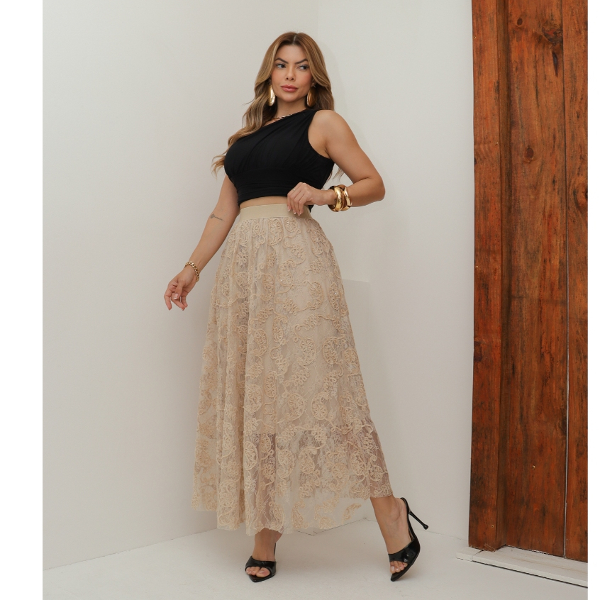 Saia de Renda Longa Feminina Flor Forrada Evangélica Elegante Moda 3RD SD1831 em Oferta na Shopee