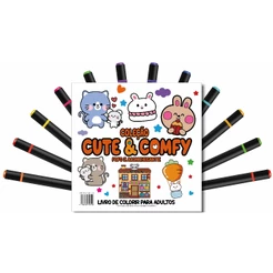 Cute & Comfy Coloring Book for Adults - Bold Easy - Livro de Colorir Adulto + 12 Canetas