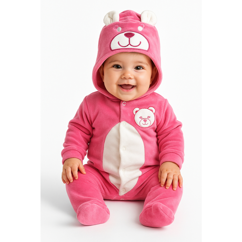 Macacão Bebê Plush Ursa Capuz Bordado Fantasia Menina Enxoval em Oferta na Shopee