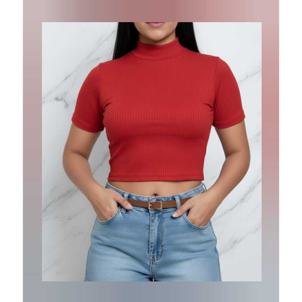 Blusa cropped feminino gola alta manga curta malha canelada confortavel feminina  look dia a dia moda casual