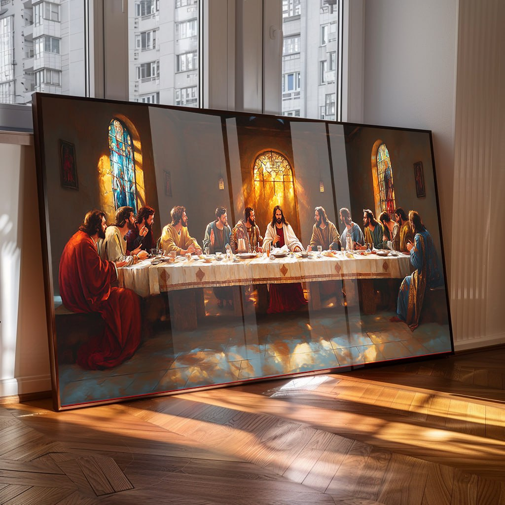 Quadros Decorativos A Última Ceia Jesus Cristo Com Apóstolos À Mesa Luxuosa 4k Para Sala