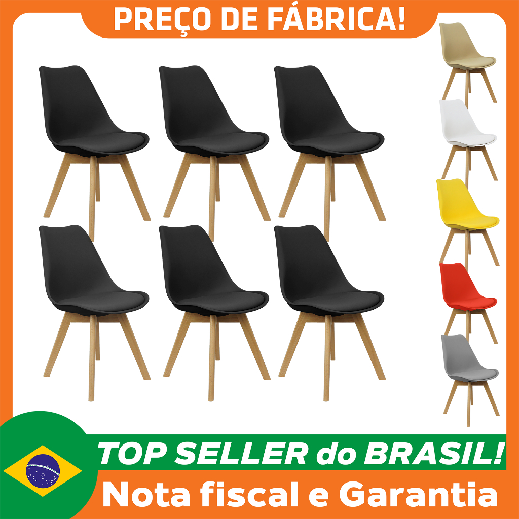 Kit 6 Cadeiras Charles Eames Leda Luisa Saarinen Design Wood Estofada Base Madeira