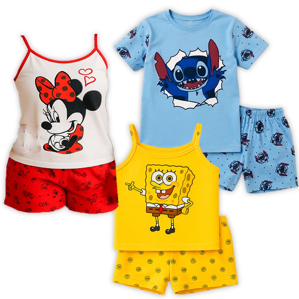 Pijama Menina Verão Personagem Desenho Bob Espoja, Stitch, Minnie mouse