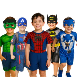 Fantasia Infantil Masculina Herói com Máscara Roupa Curta para Festa e Brincar Carnaval