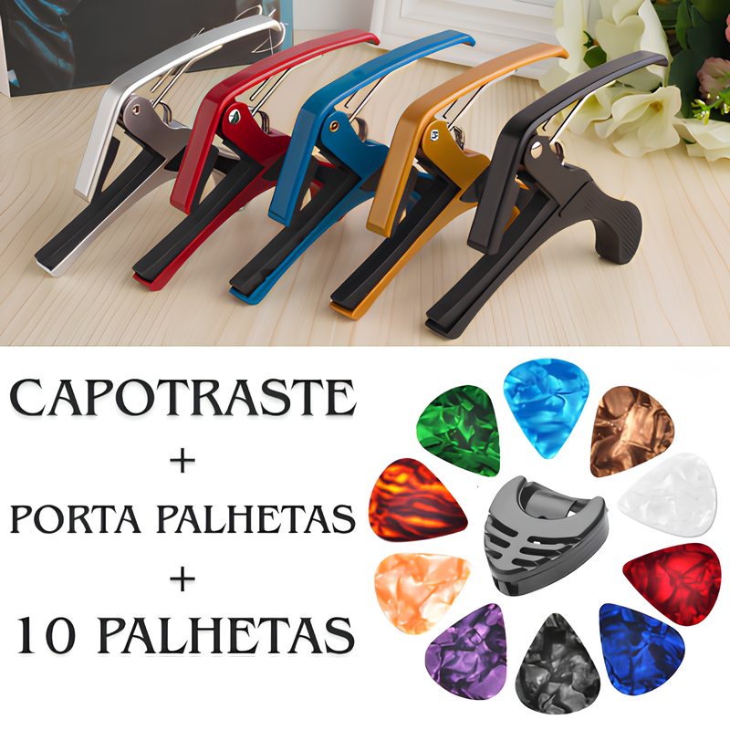 Kit Capotraste + Porta Palhetas + 10 Palhetas