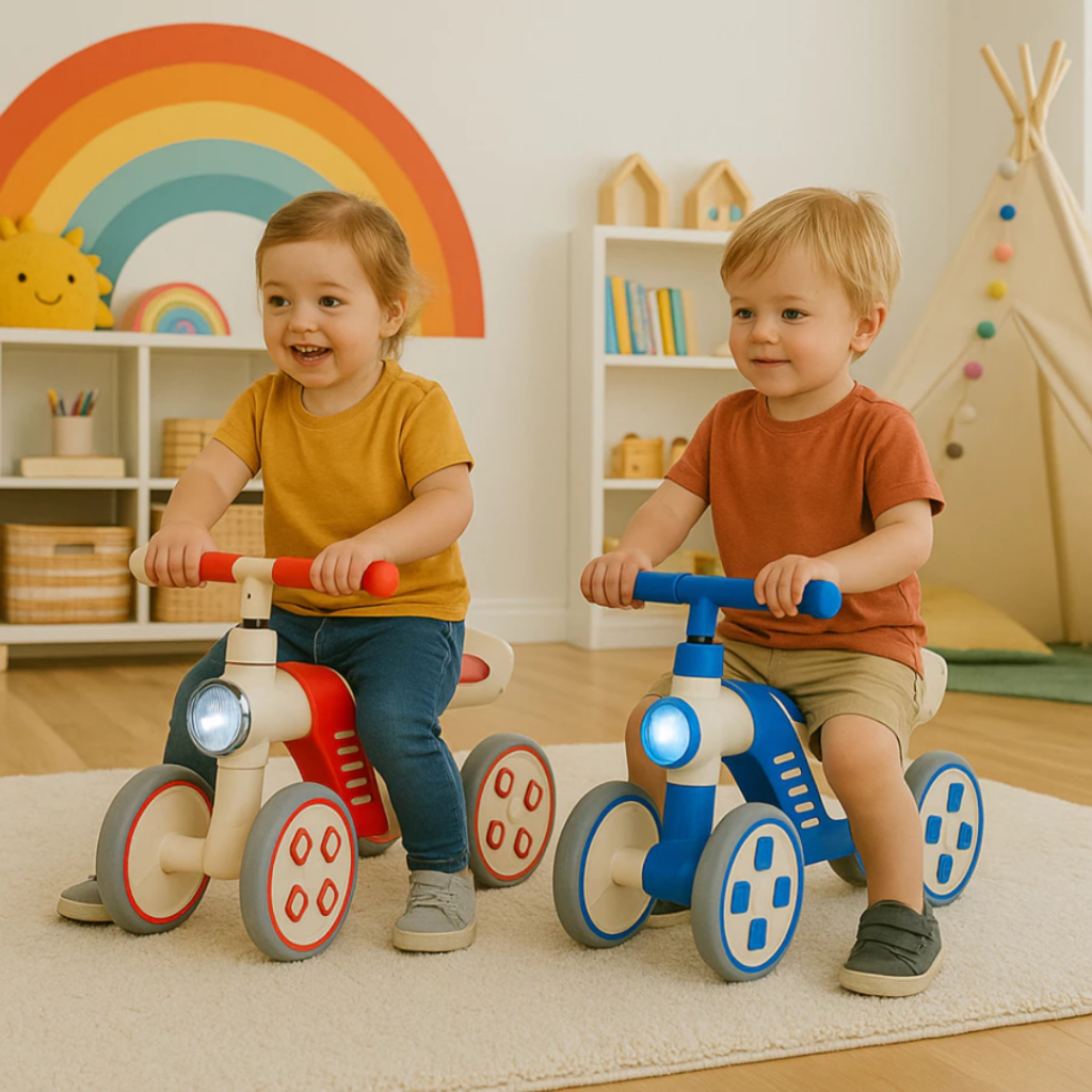 Bicicleta De Equilíbrio Infantil Sem Pedal 4 Rodas Andador Farol Acende Luz Azul Vermelho Mini Bike