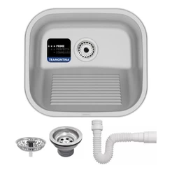Tanque Tramontina De Encaixe Compact Inox 40 x 40 cm Lavanderia Com Esfreguador + Sifão Sanfonado