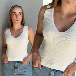 Blusa Regata Cropped Feminina Tricot Canelada Alça Larga Decote V Lisa Elegante Básica Moderna Verão
