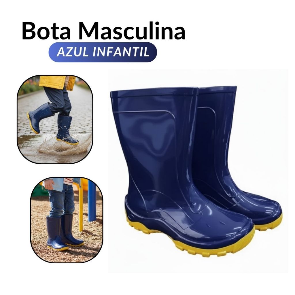 Bota Infantil Impermeável Azul Amarela Galocha Pvc Borracha Calfor