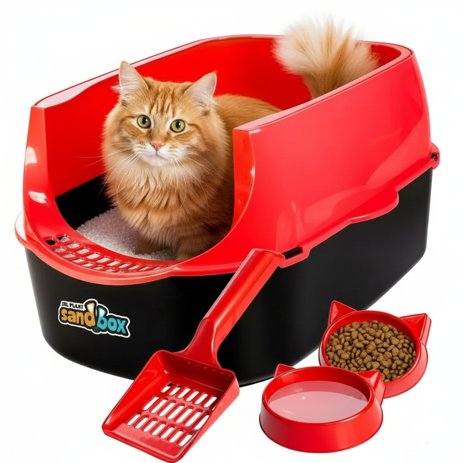 Kit Caixa de Areia para Gatos Sanitário Furba Sandbox + Pá Higiênica +Comedouro + Bebedouro Animais