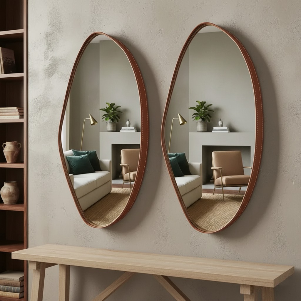 Kit 2 Espelhos Decorativos Orgânicos Com Moldura em Couro Caramelo | Acabamento Premium P/ Sala Hall