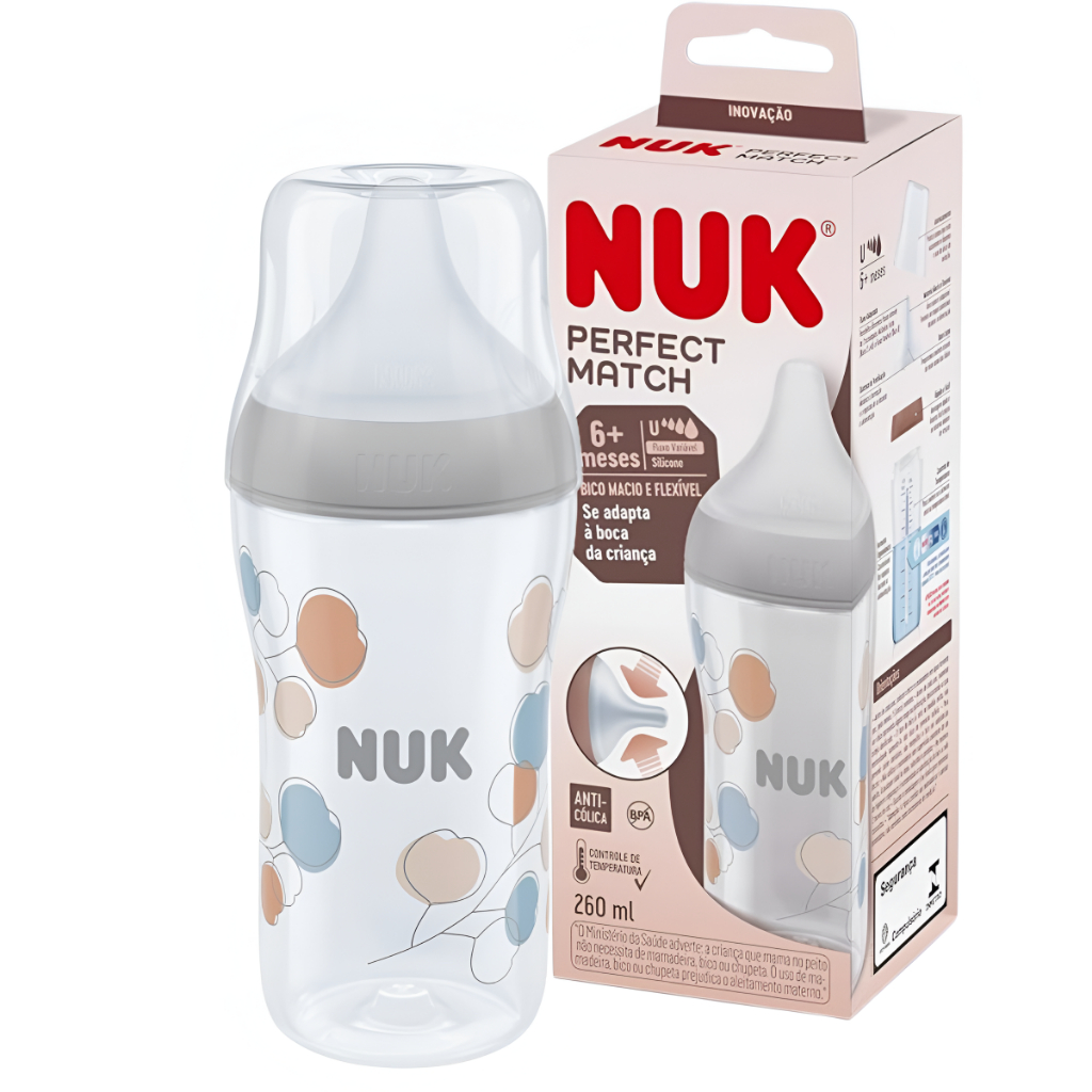 Mamadeira NUK Perfect Match Bico de Silicone Macio Controle de Temperatura Antivazamento 260 mL