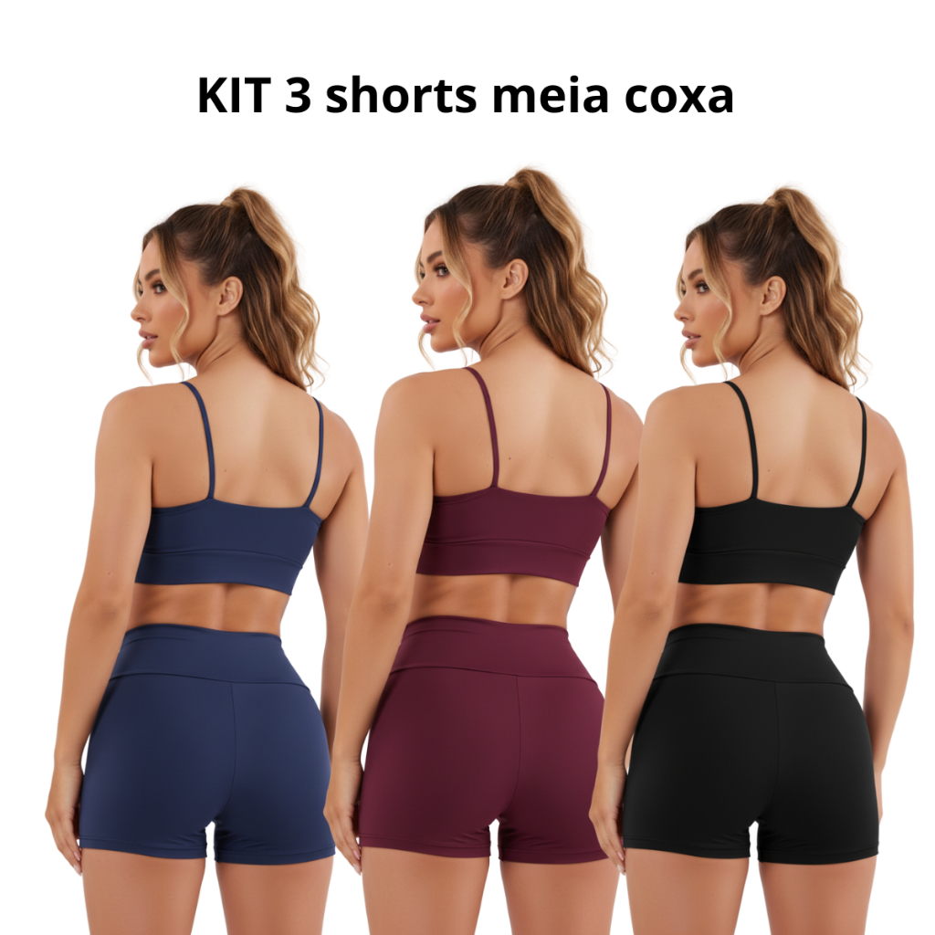 KIT 3  Short BERMUDA meia coxa Feminino Fitness Academia Grosso Costura Reforçada cós alto suplex NÃO fica transparente
