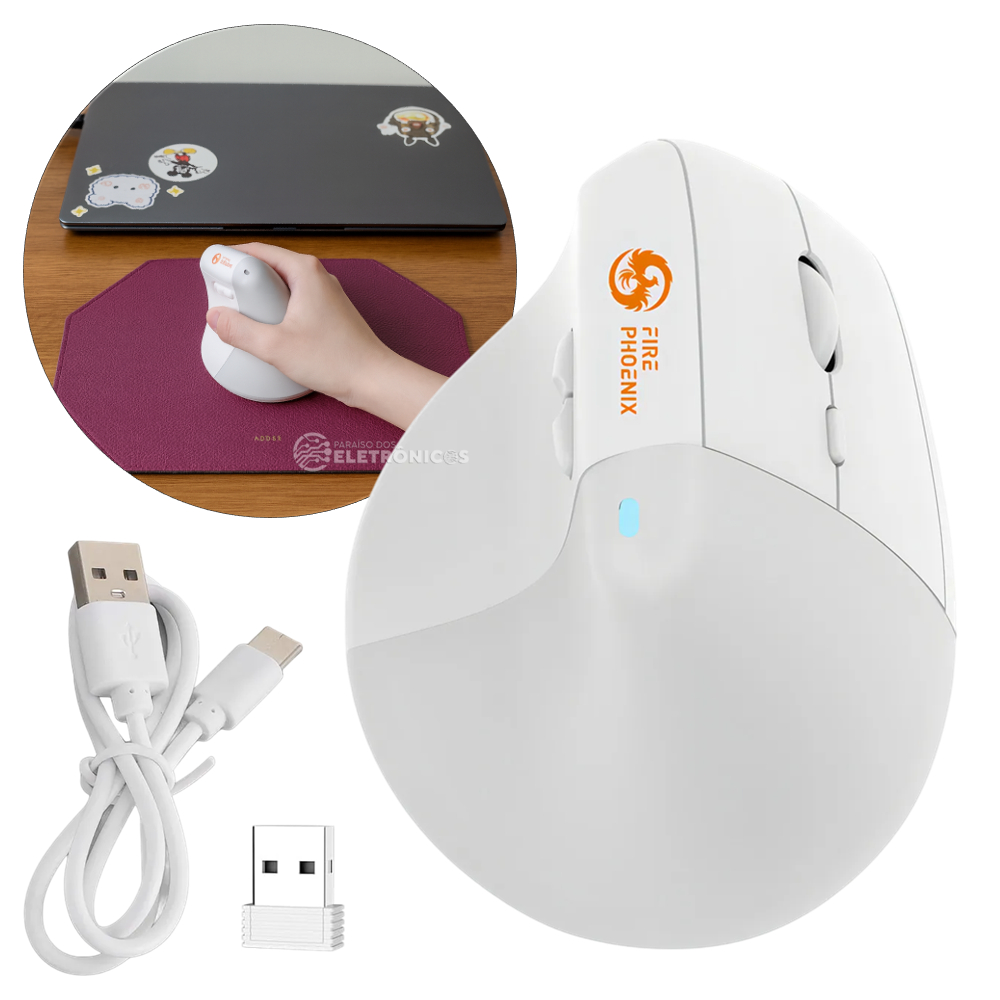 Mouse Sem Fio Recarregável com Design Vertical Ergonômico e Luzes RGB – DM4