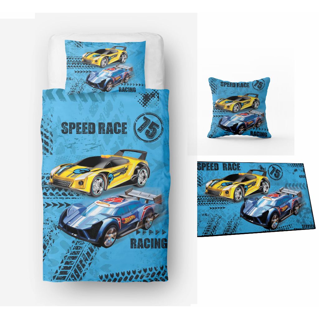 Lençol Hot Wheels Solteiro + Tapete Porta + Almofada Personalizada