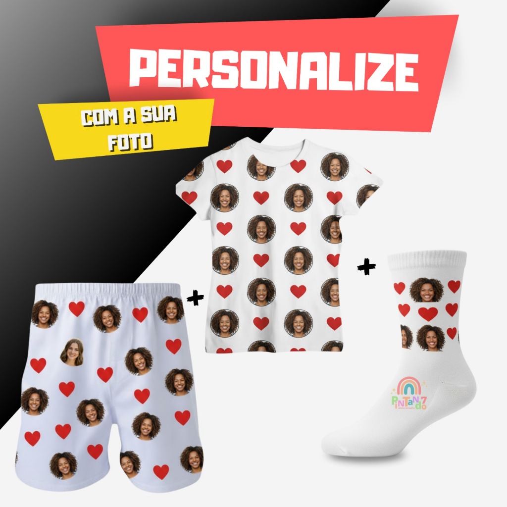 KIT calção + camisa + meia personalizada em dtf Personalizado com foto casal mozão love namorados zueira PRESENTE em Oferta na Shopee