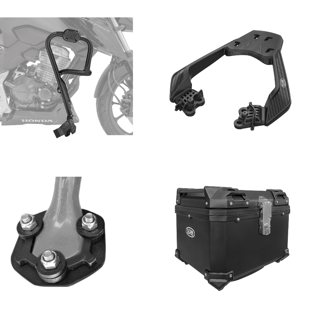 Kit Scam protetor motor carenagem + base pezinho + suporte + bau economy 42L - Honda CB 300F Twister 2023 2024 2025