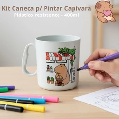 10 a 40 CANECAS DE PINTAR/COLORIR CAPIVARA, PLÁSTICO RESISTENTE 400ML C/DESENHO DIVERTIDO, CRIATIVO