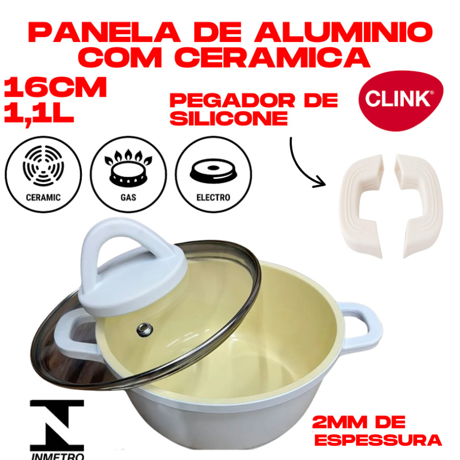 Panela Caçarola 1,1L 16CM Antiaderente Revestimento De Cerâmica Branca 2MM Com Pegador De Silicone