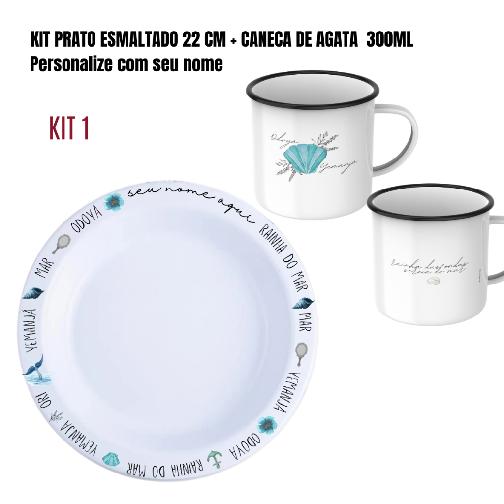 🪶 KIT CANECA DE ÁGATA + PRATO PERSONALIZADO YEMANJA IEMANJA | UMBANDA • CANDOMBLÉ • RELIGIÃO AFRO-BRASILEIRA