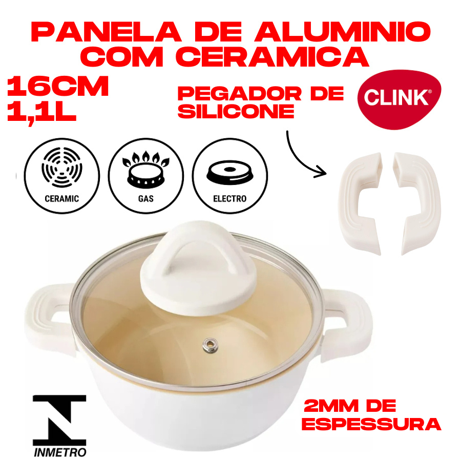 Panela Caçarola 1,1L 16CM 2MM Revestimento De Cerâmica Branca Antiaderente Pegador De Silicone Tampa