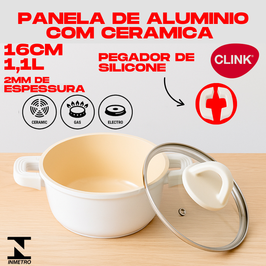 Panela Caçarola 1,1L 16CM Com Revestimento De Cerâmica Branca Antiaderente 2MM Pegador De Silicone