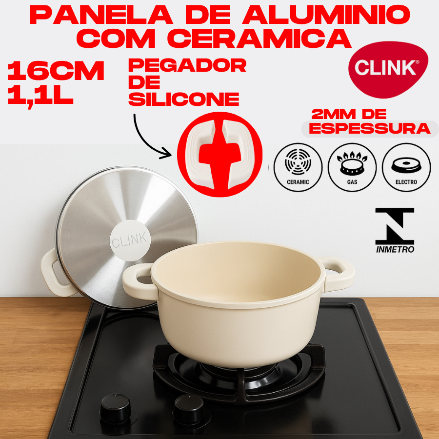 Panela Caçarola 1,1L 16CM Revestimento De Cerâmica Branca Antiaderente 2MM Tampa Pegador De Silicone
